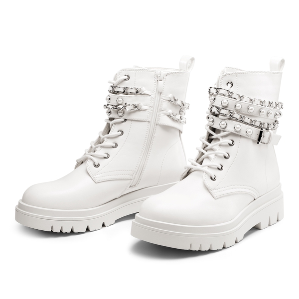 Chains Pearl Chunky Lug Sole Boots - WHITE - 3